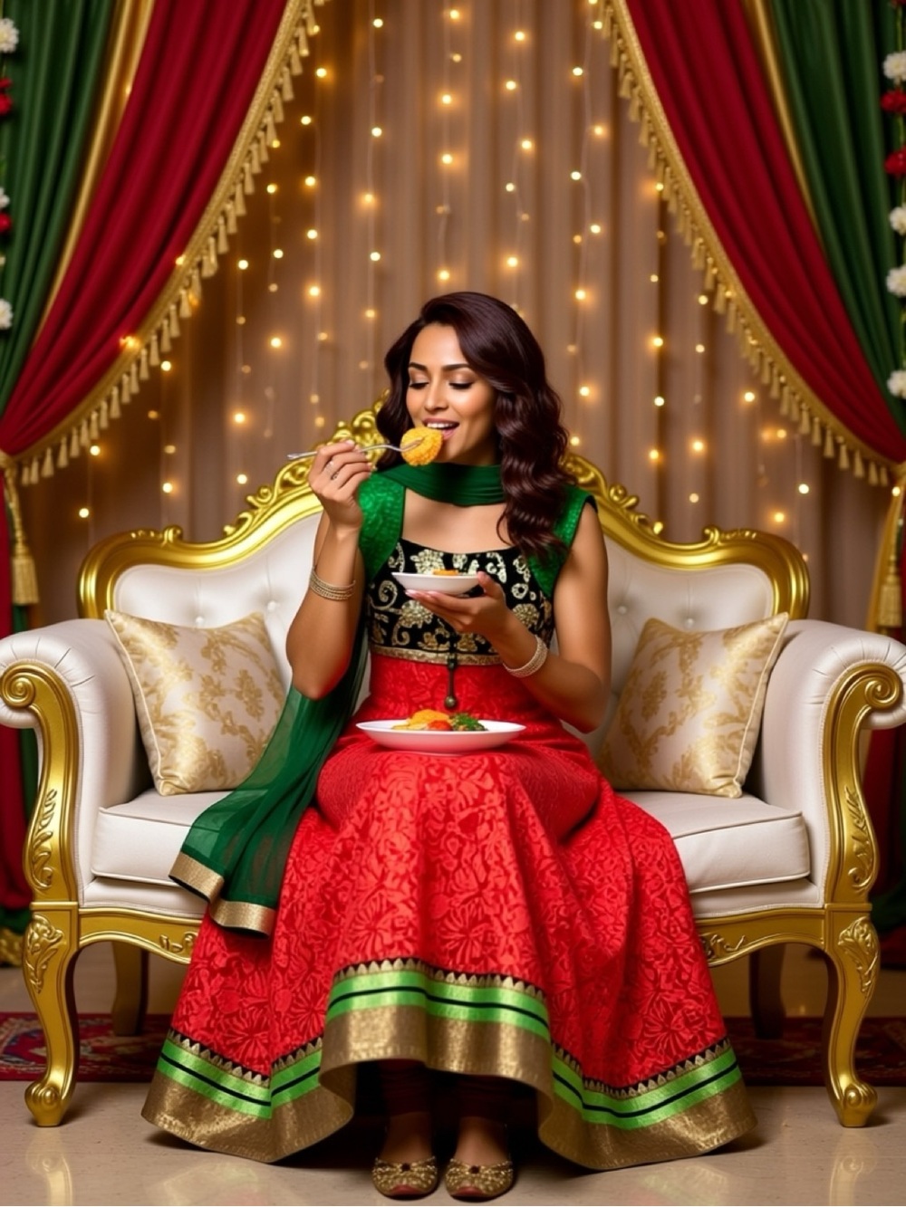 Red Embroidered Maxi Dress with Contrasting Bodice